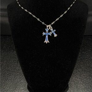 Chrome hearts Floral cross blue studded double stack baby cross necklace